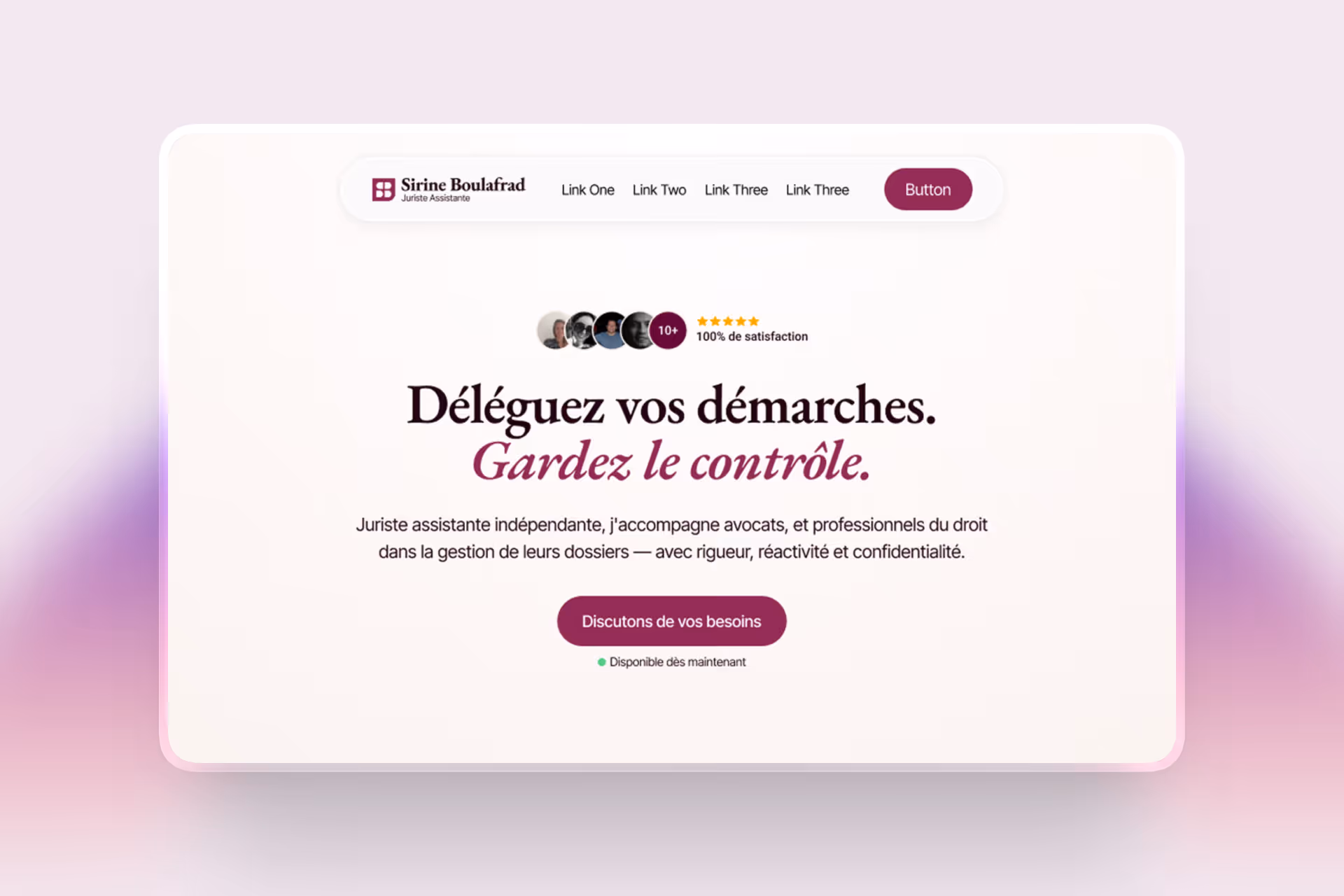 En-tête et section principale du site web avec logo, navigation, évaluation client et appel à l'action en français.