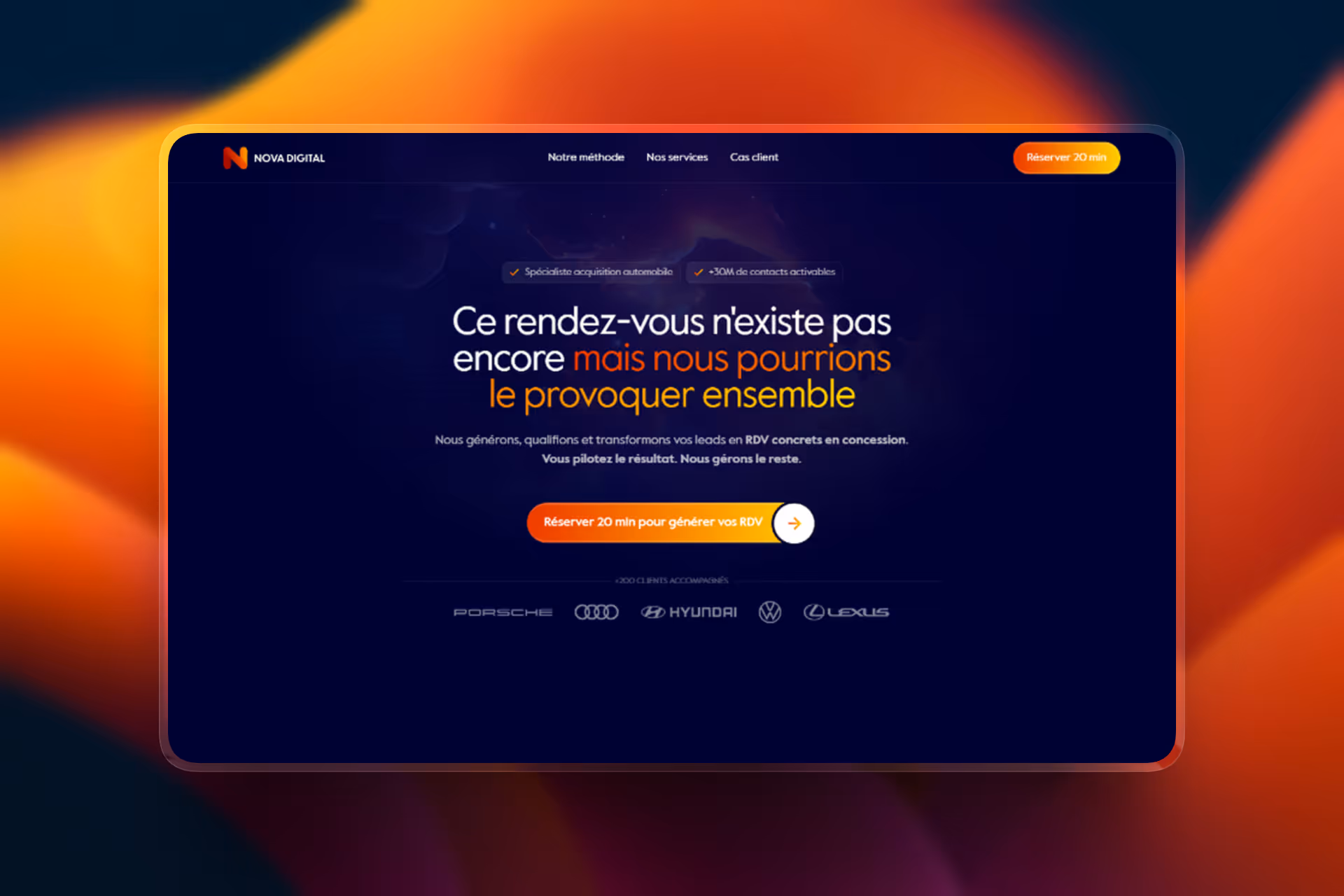 Page de marketing digital française pour la génération de leads dans le secteur automobile, avec logos clients et bouton de prise de rendez-vous.