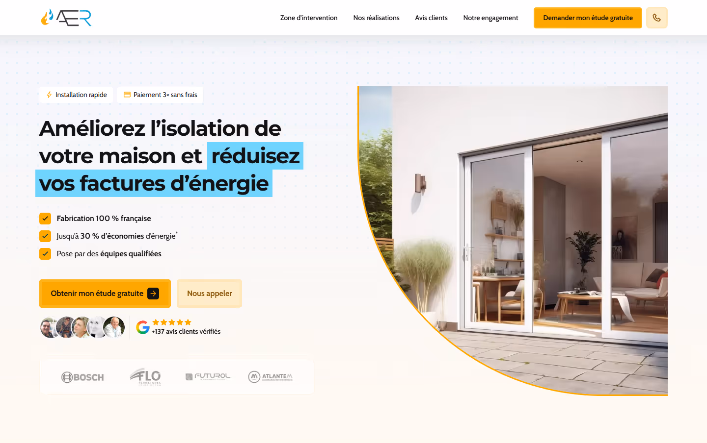 Capture d'écran hero header site web AER Menuiseries